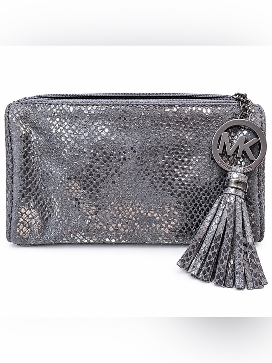 Michael Kors Handbags - Michael Kors Snake-Embossed Zip Pouch with Tassel, Gray Metallic